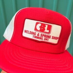 Vintage WELDING SPRING SHOP TIMMINS ONTARIO Patch Trucker Hat snapbacl mesh red